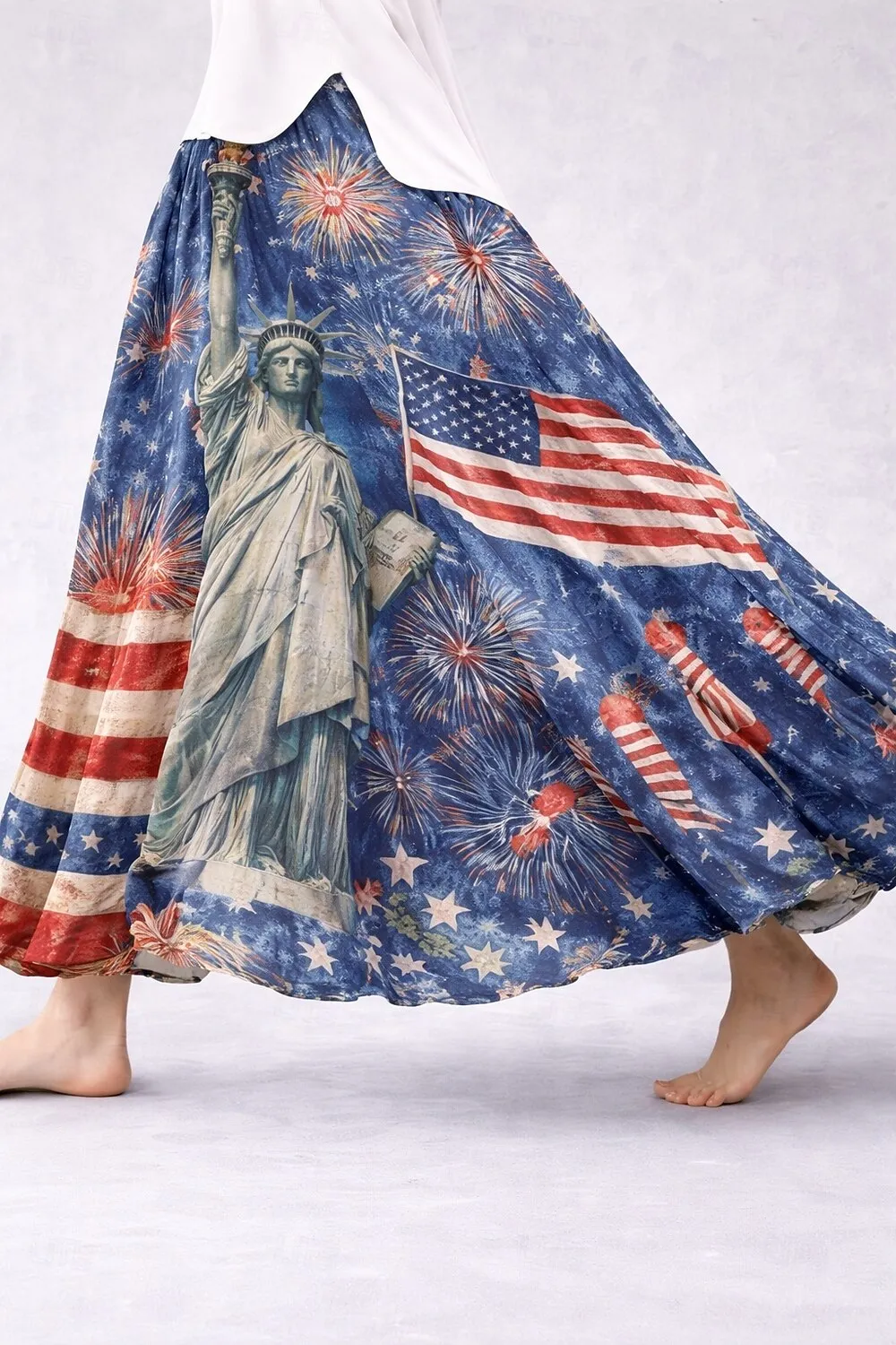 Women's Statue of Liberty American Flag Firework Print Maxi Skirt