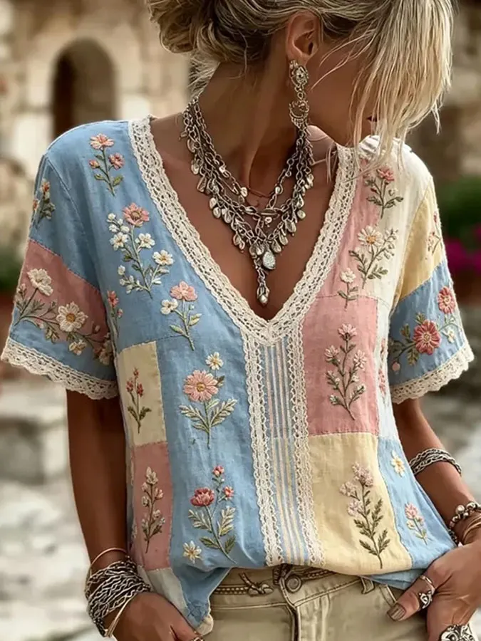 Women'S Floral Art Printed Casual Cotton And Linen Short Sleeved T-Shirt