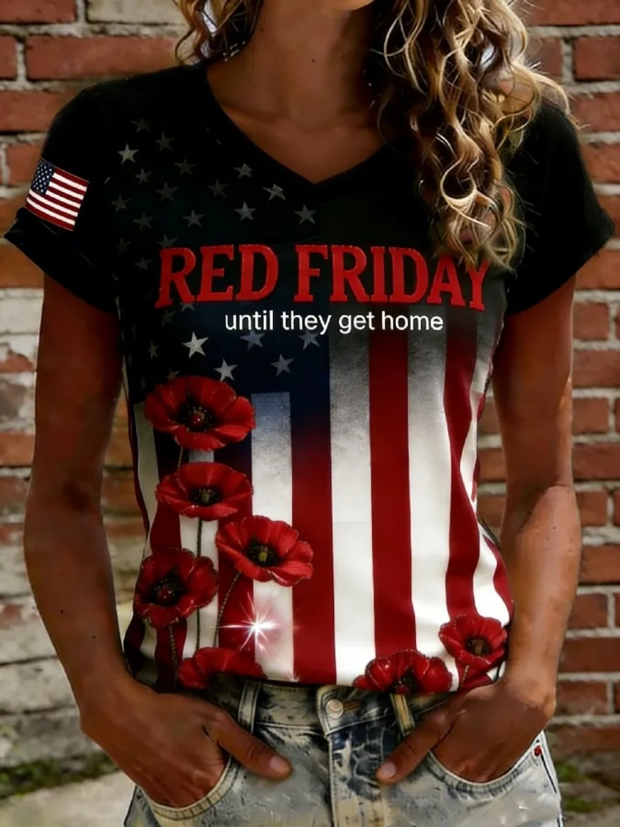 Women's Red Friday Print Short-Sleeve Casual T-Shirt