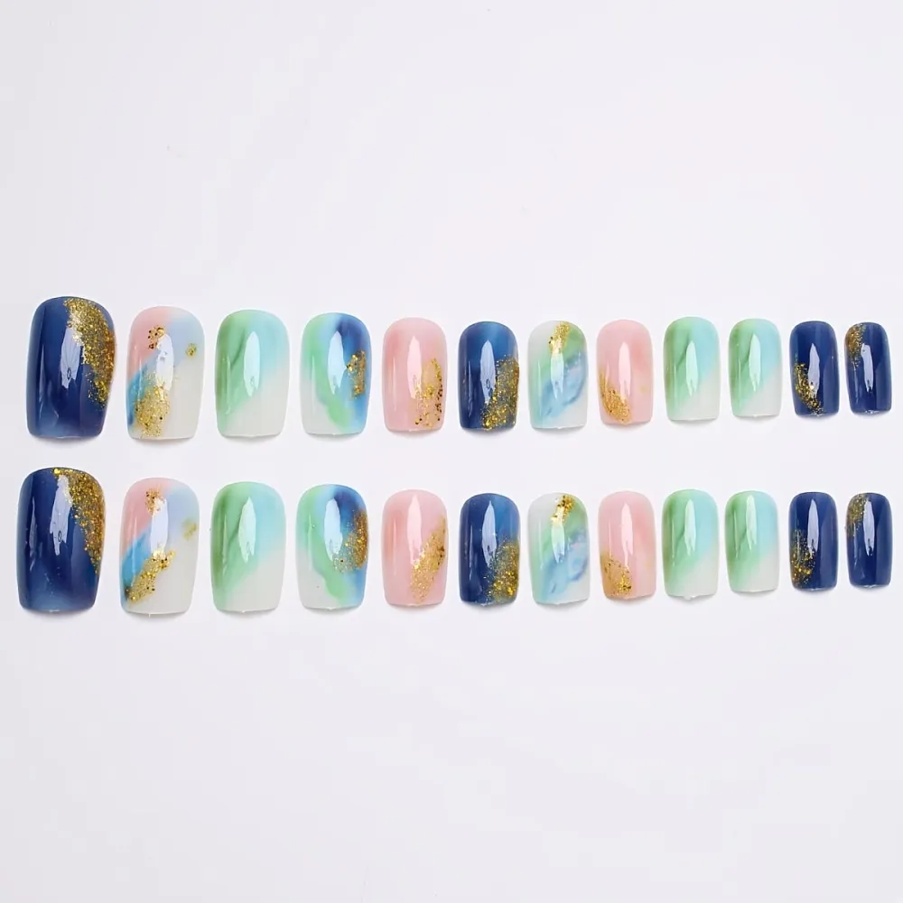 Nailhour 24Pcs Multicolor Glitter Gradient Medium Square Press On Nails