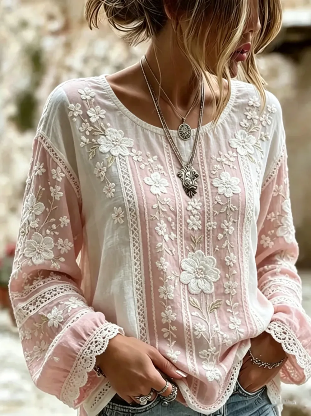 Women'S Casual Cotton Linen Flower Personality Printing Long Sleeve Round Neck T-Shirt