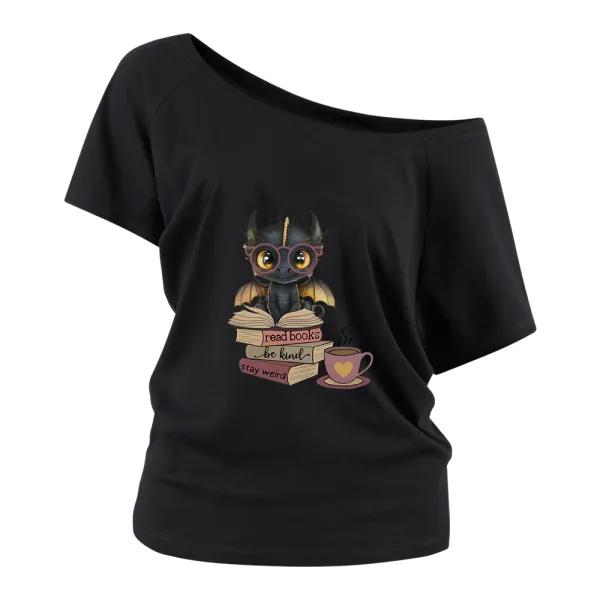 Dinosaur Book Prints Off Shoulder T-shirts
