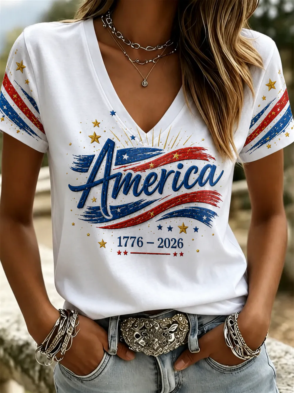 250th Anniversary American Embroidery Commemorative V-neck Short sleeved T-shirt