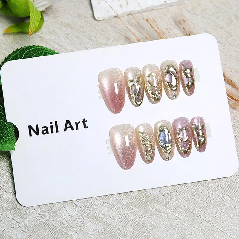 Nailhour 30Pcs Nude 3D Gilded Medium Almond French Press On Nails