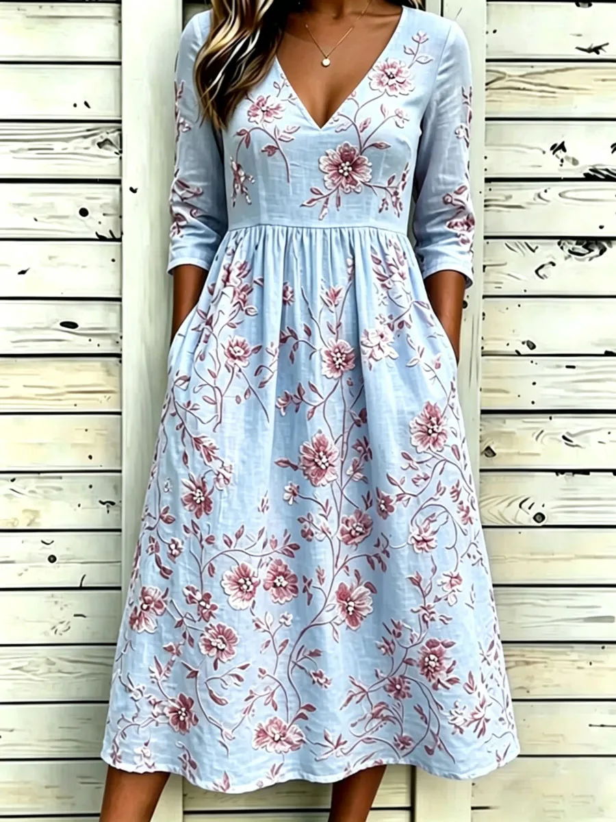 Women'S Cotton And Linen Casual Printed Dress