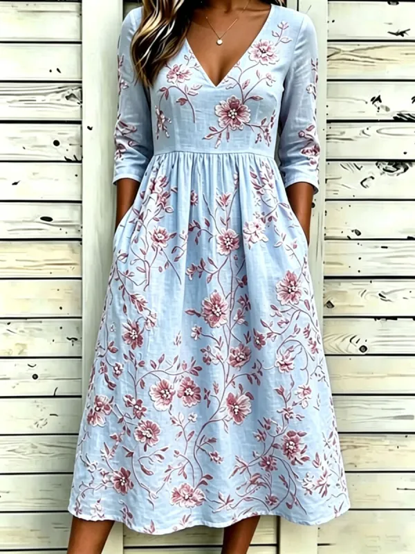 Women'S Cotton And Linen Casual Printed Dress
