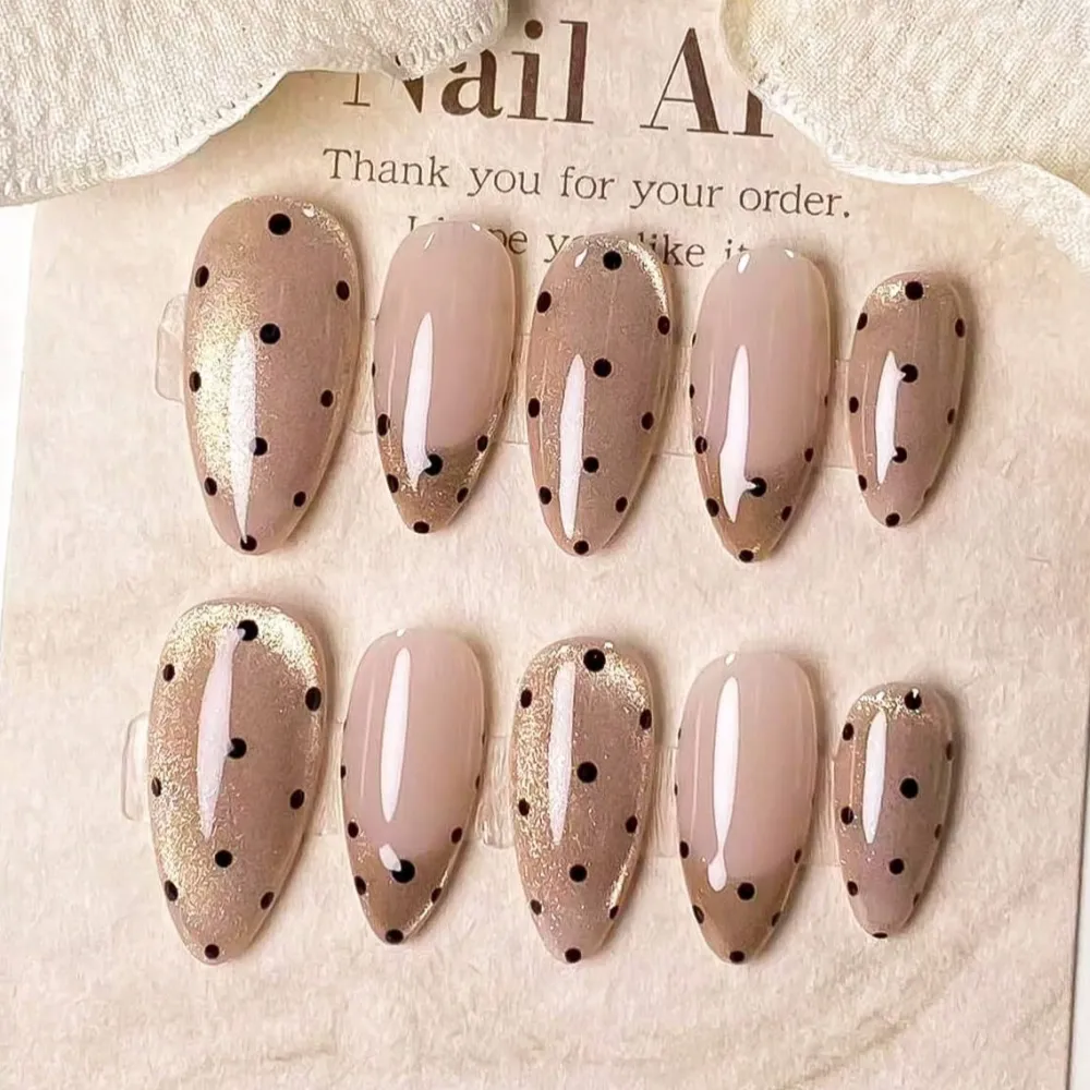Nailhour 24Pcs French Medium Almond 3D Cat Eye Press On Nails