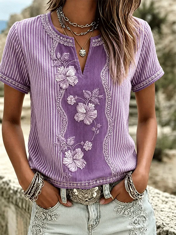 Women's Purple Striped Hibiscus Embroidered Short Sleeve Top