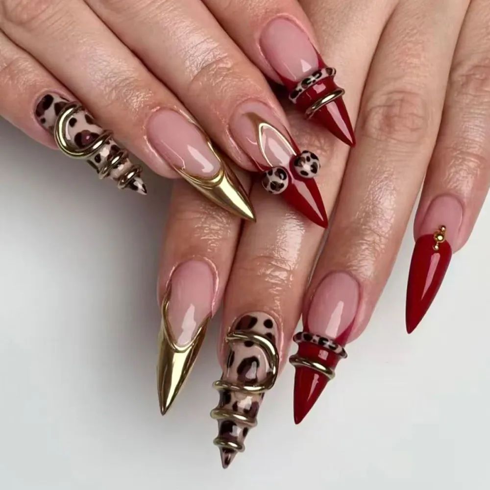 Nailhour 24Pcs 3D Gilded Red Leopard Print Cherry Long Almond Press On Nails