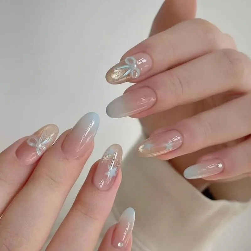 Nailhour 10Pcs Blue Gradient French Cat Eye Medium Almond Press On Nails