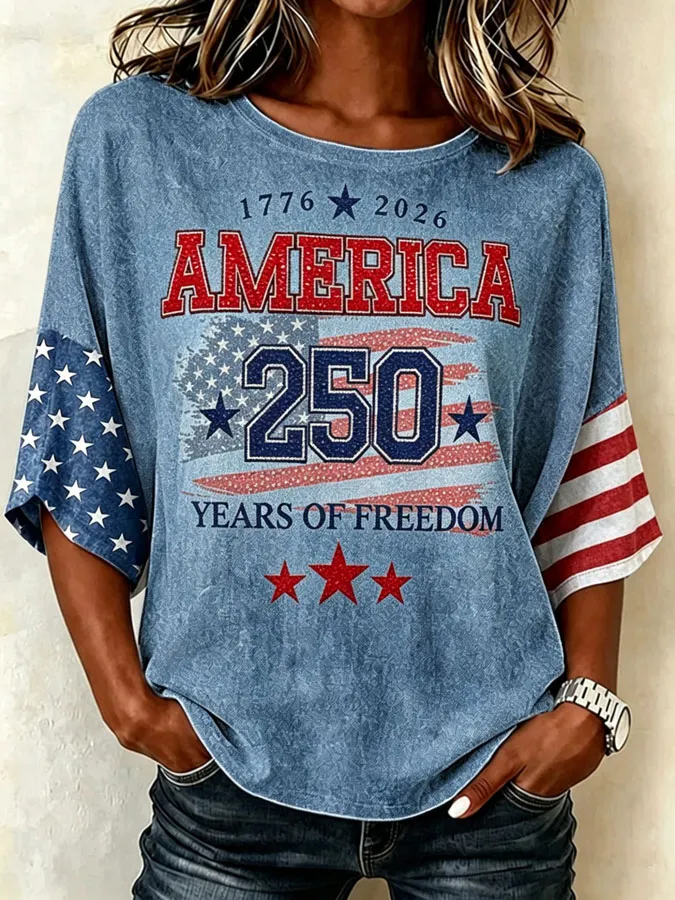 Women'S Flag Printed Casual Round Neck T-Shirt