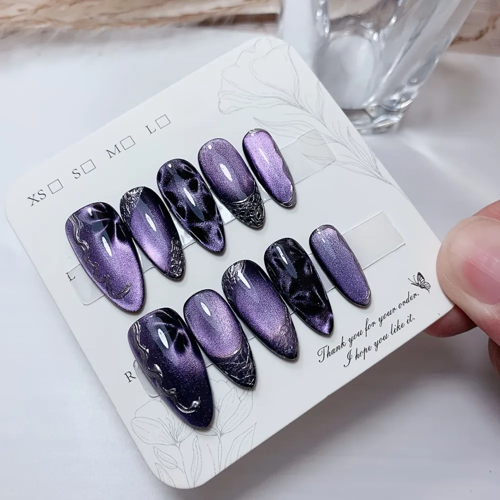 Nailhour 10Pcs French Glitter Cat Eye Purple Minimalist Medium Almond Press On Nails