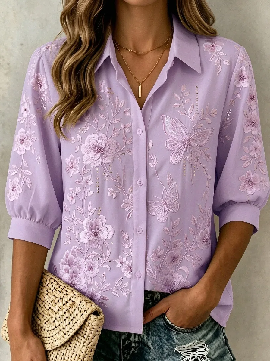 Women's Breast Cancer Awareness Butterfly Floral Embroidered Button-up Shirt