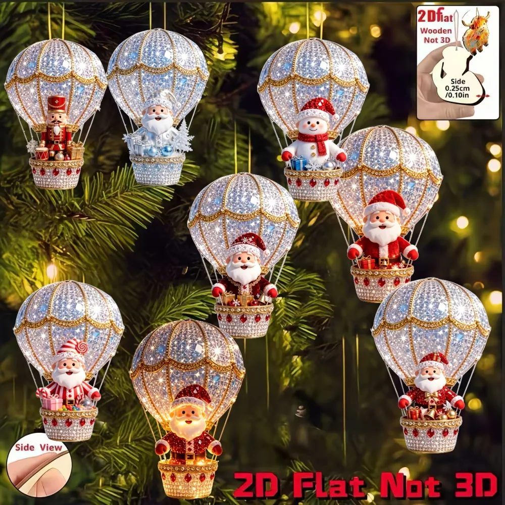 8/16pcs Wooden Christmas Ornaments: Hot Air Balloon Santa Claus Decorations