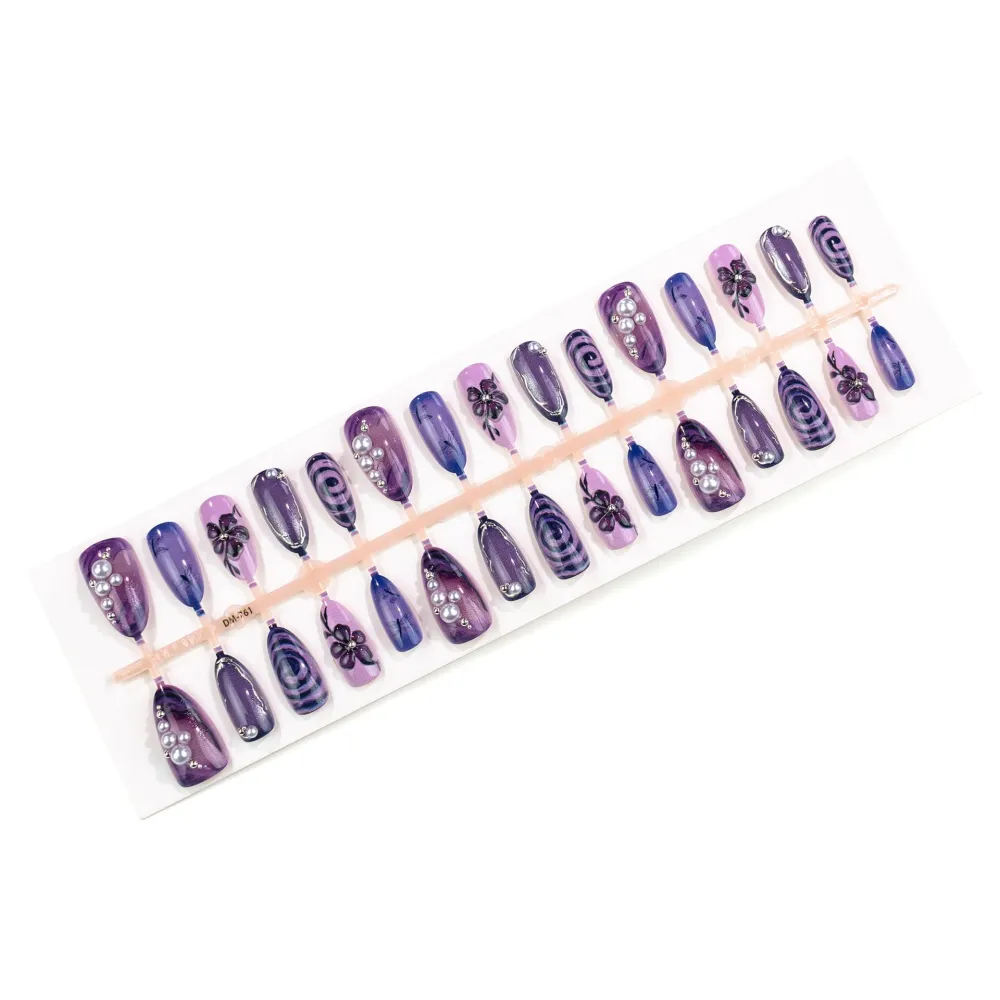 Nailhour 30Pcs Purple Floral 3D Medium Almond French Press On Nails