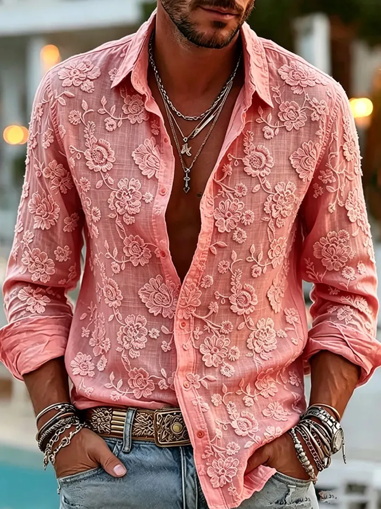 Men's Vintage Floral Embroidery Art Cozy Linen Blouse