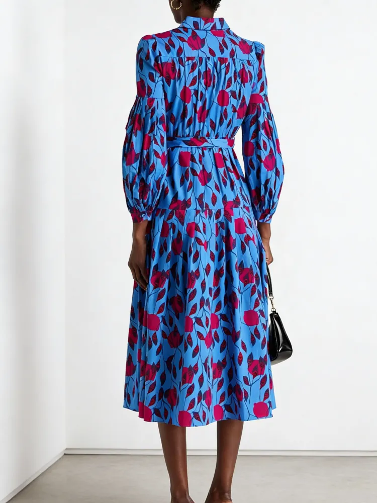 Flowy Long-Sleeve Shirt Dress with Floral Pattern