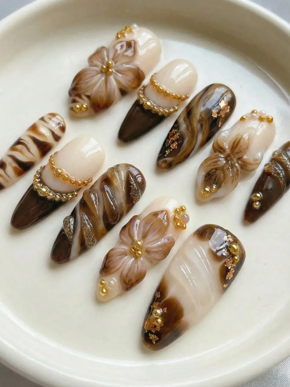 Nailhour 10pcs Handmade French Gradient Brown Flower 3D Press On Nails
