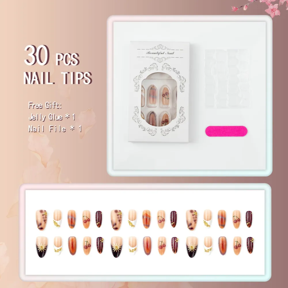 Nailhour 30Pcs Gilded 3D Cherry Medium Almond French Press On Nails