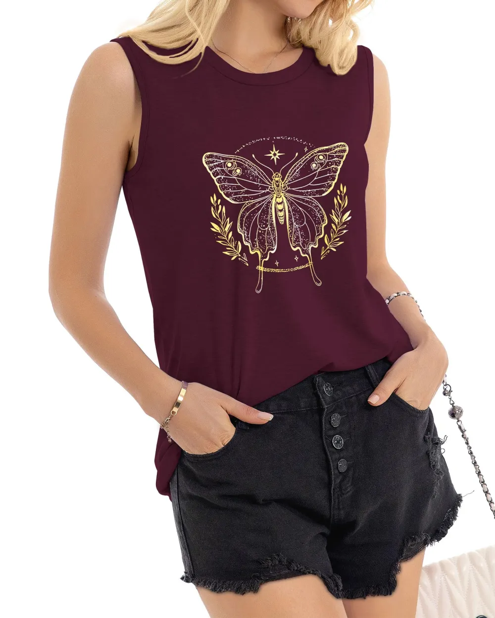 Golden Butterfly Print Tank Top