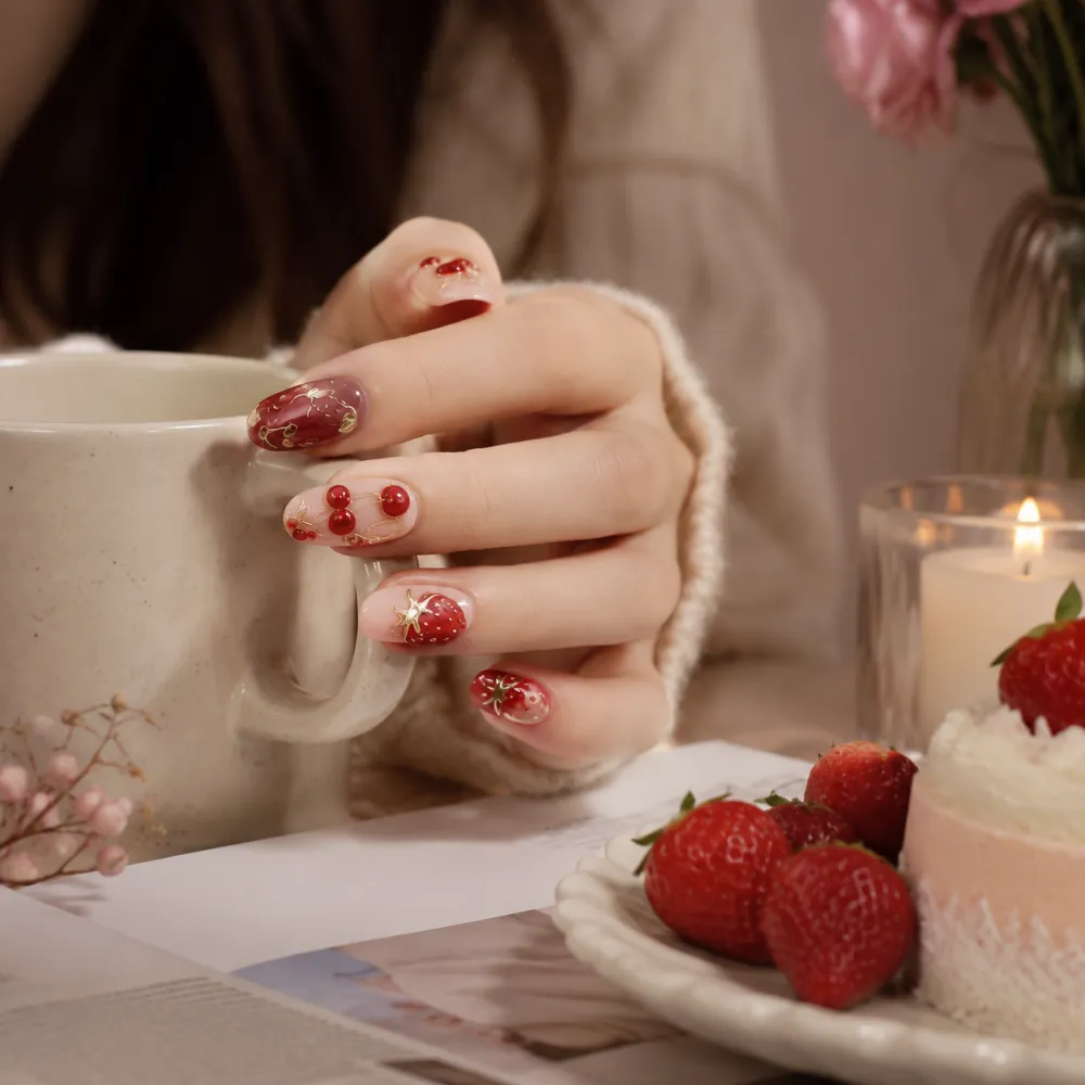 Nailhour 30pcs Nude Date 3D Strawberry Cherry Press On Nails