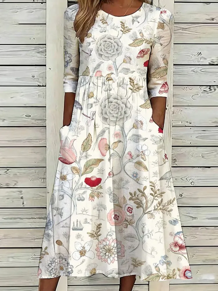 Women'S Casual Plant Flower Art Printed Round Neck Dress