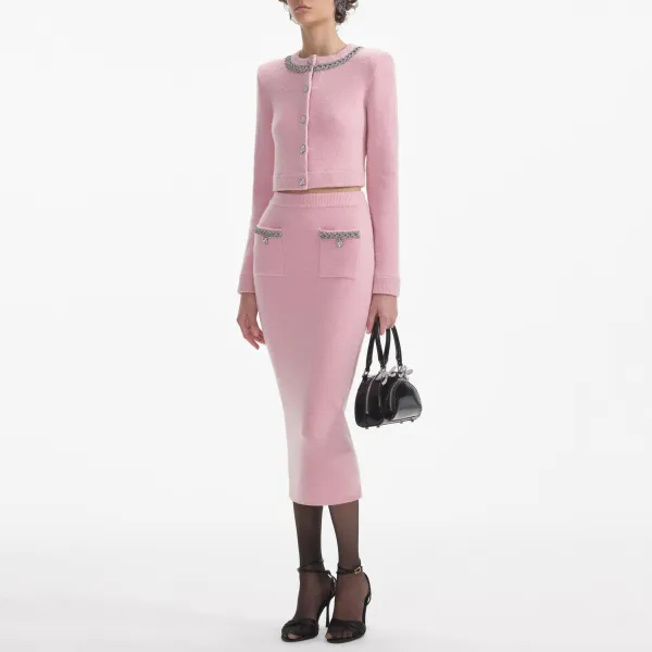 Pink Embellished Knit Midi Skirt