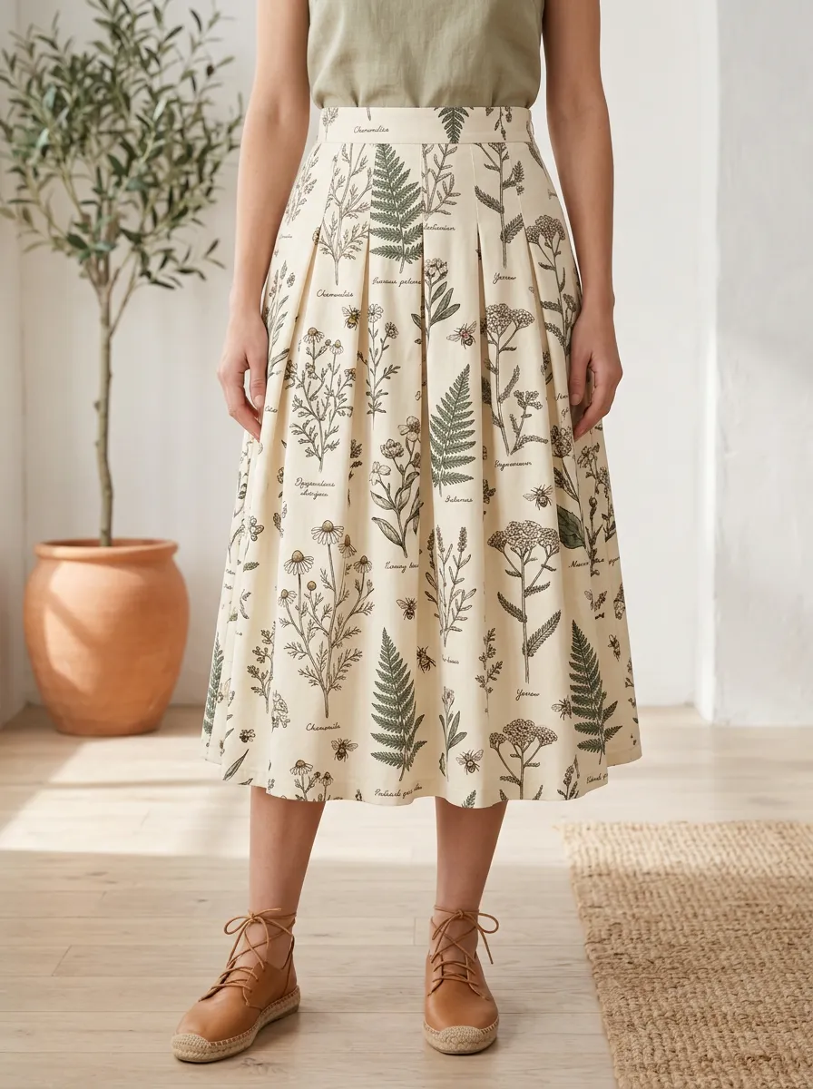 Women's Botanical Garden Lover Fern Flower Printed Midi Skirt