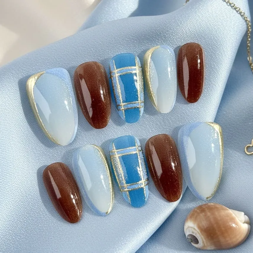Nailhour 30Pcs Gradient Medium Almond Blue French Press On Nails