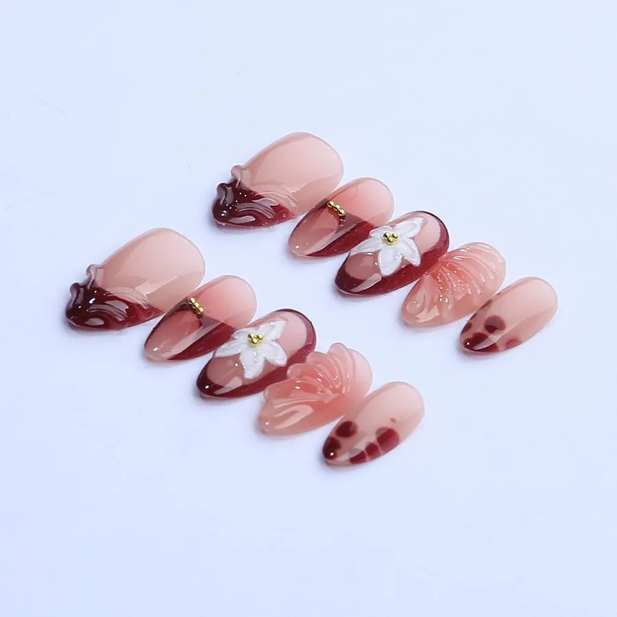 Nailhour 30Pcs Floral 3D Medium Brown Almond French Press On Nails