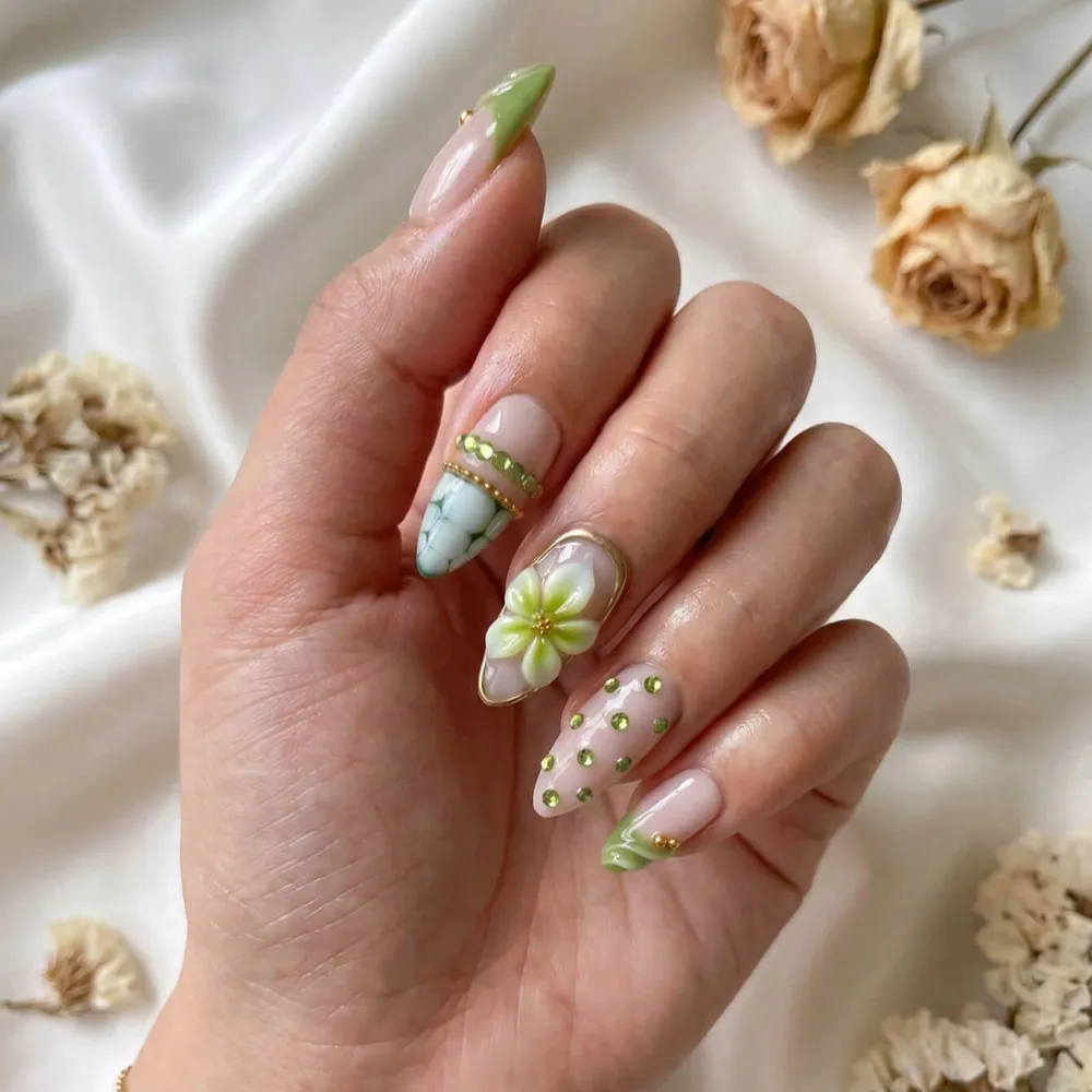 Nailhour 10Pcs Handmade Medium Almond French 3D Green Swirl Press On Nails