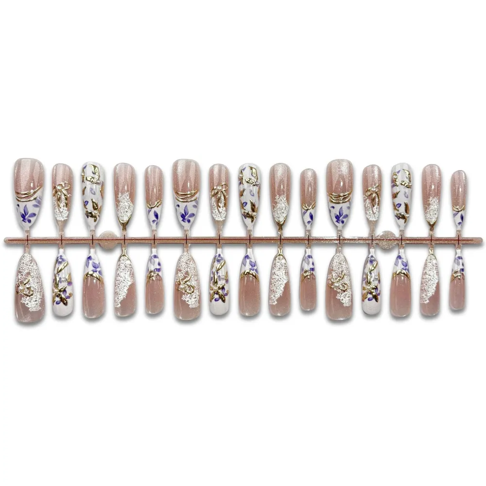 Nailhour 30Pcs Floral Gilded Medium Almond Cute Press On Nails