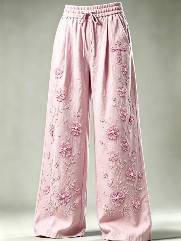 Women's Floral Print Embroidered Palazzo Pants