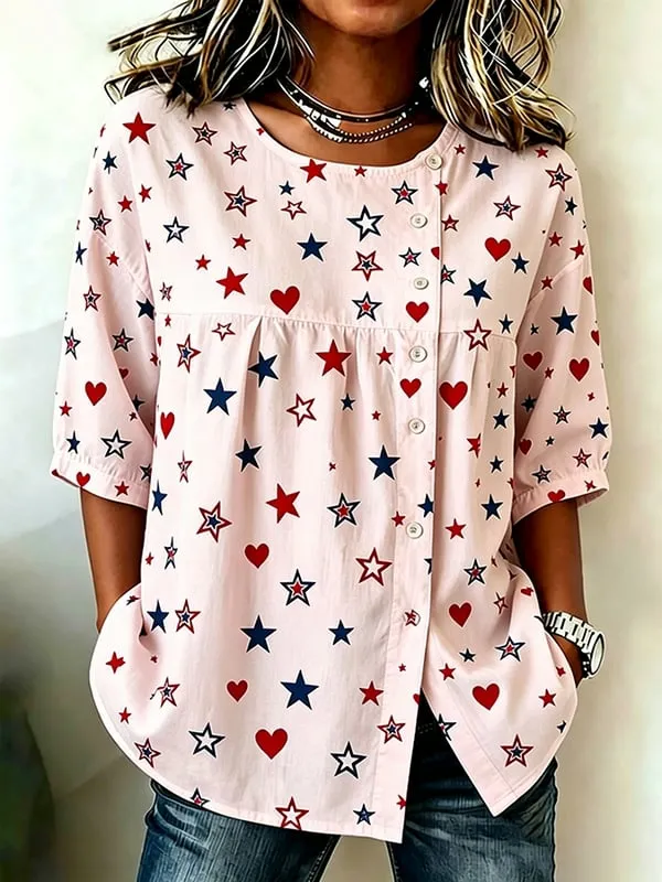 Ladies' Casual American Star Spangled Floral Printed Cotton And Linen Top