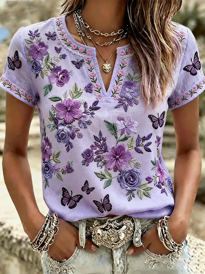 Women'S Floral Cotton And Linen Top