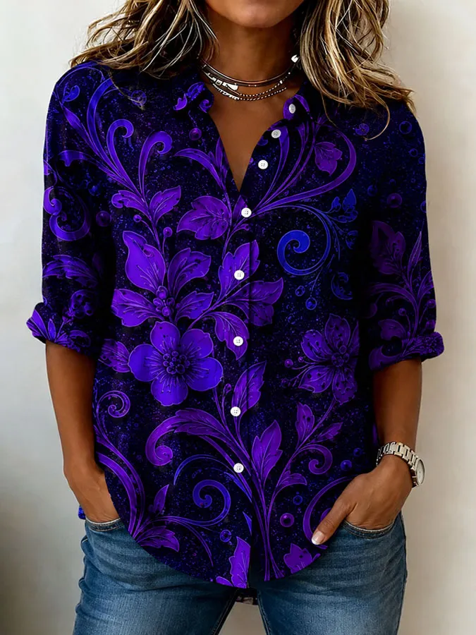 Women's Art Floral Printed Casual Shirt