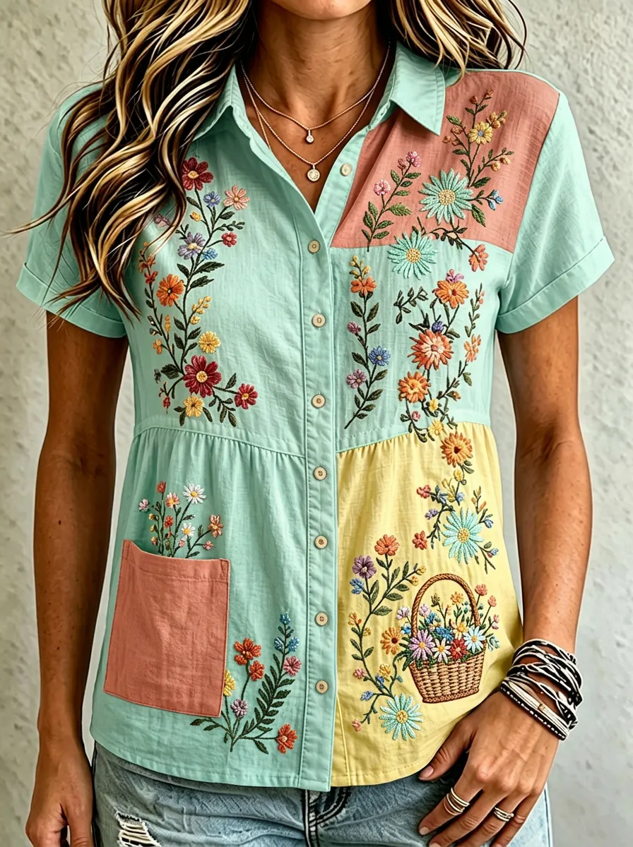 Women's Floral Garden Embroidered Cotton Linen Button-up Shirt