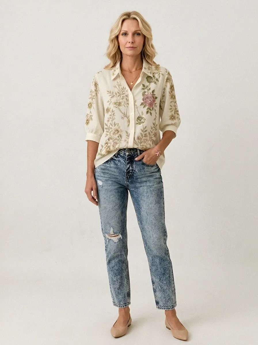 Women's Breast Cancer Awareness Floral Rose Printed Button-up Shirt