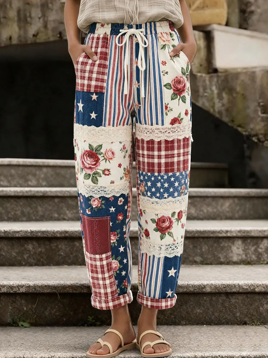 Women's Retro Pentagram Cotton Linen Printed Casual Pants