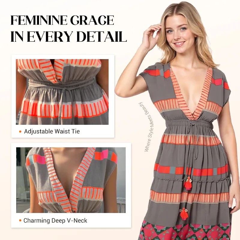 🔥Hot Sale 💕Women's Loose V-Neck Vintage Stripe Pattern Sleeveless Dress
