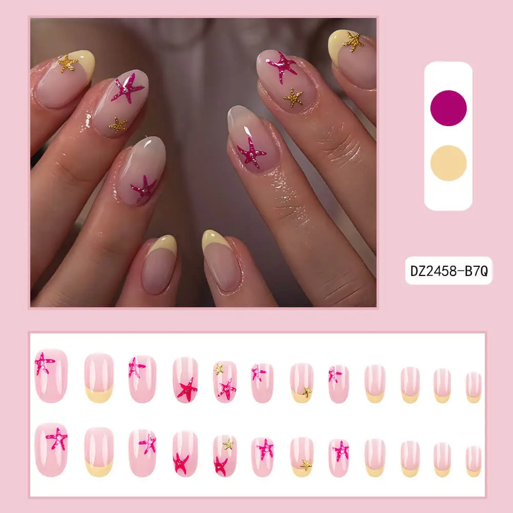 Nailhour 24Pcs French 3D Starfish Medium Almond Mermaidcore Press On Nails