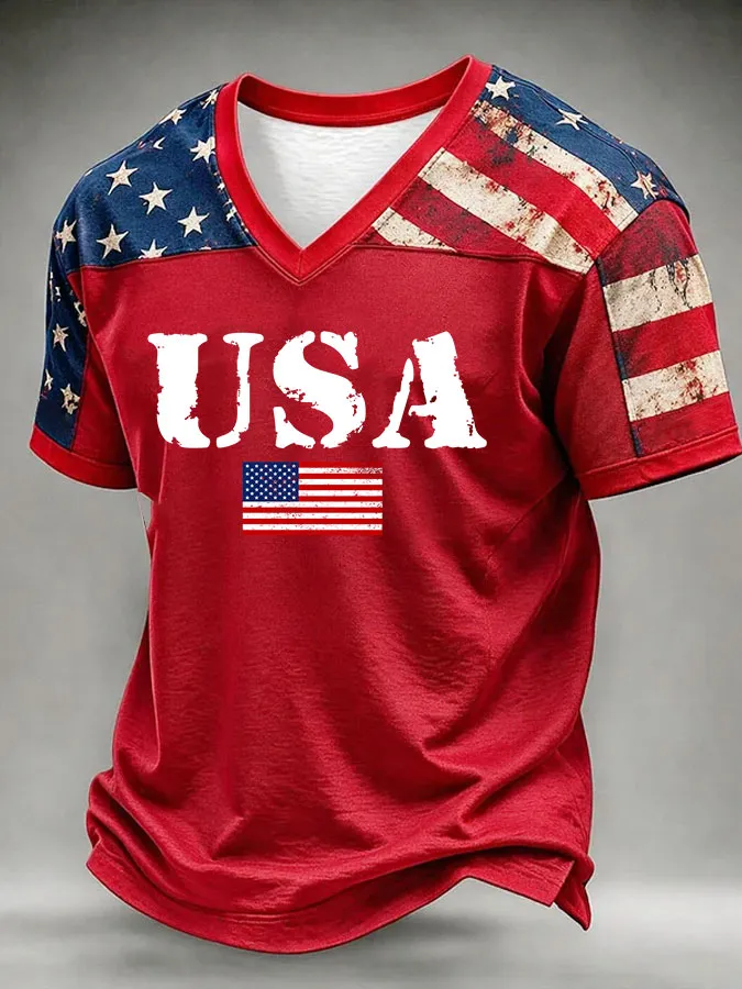 Men's American Flag Printed Casual V-neck T-shirt