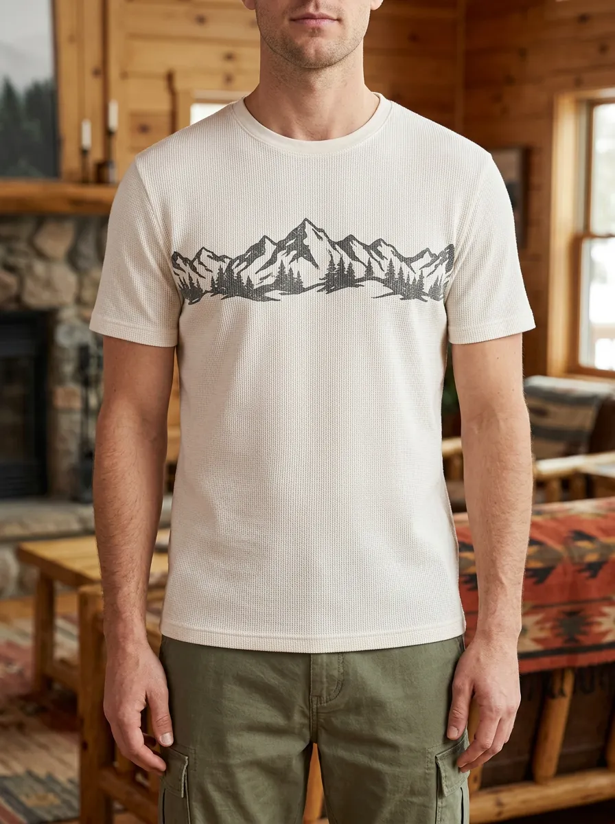 Men's Outdoor Nature Lover Mountain Forest Waffle Distinctive Crew Neck T-Shirt