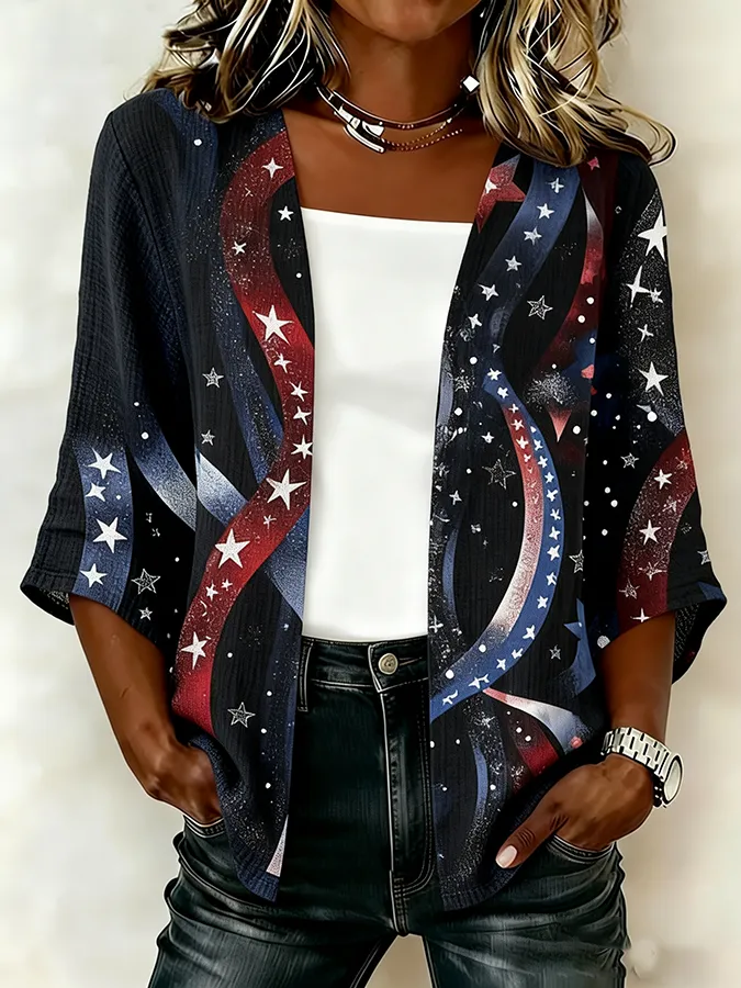 Women'S Casual Loose Independence Day Patriotic Cardigan