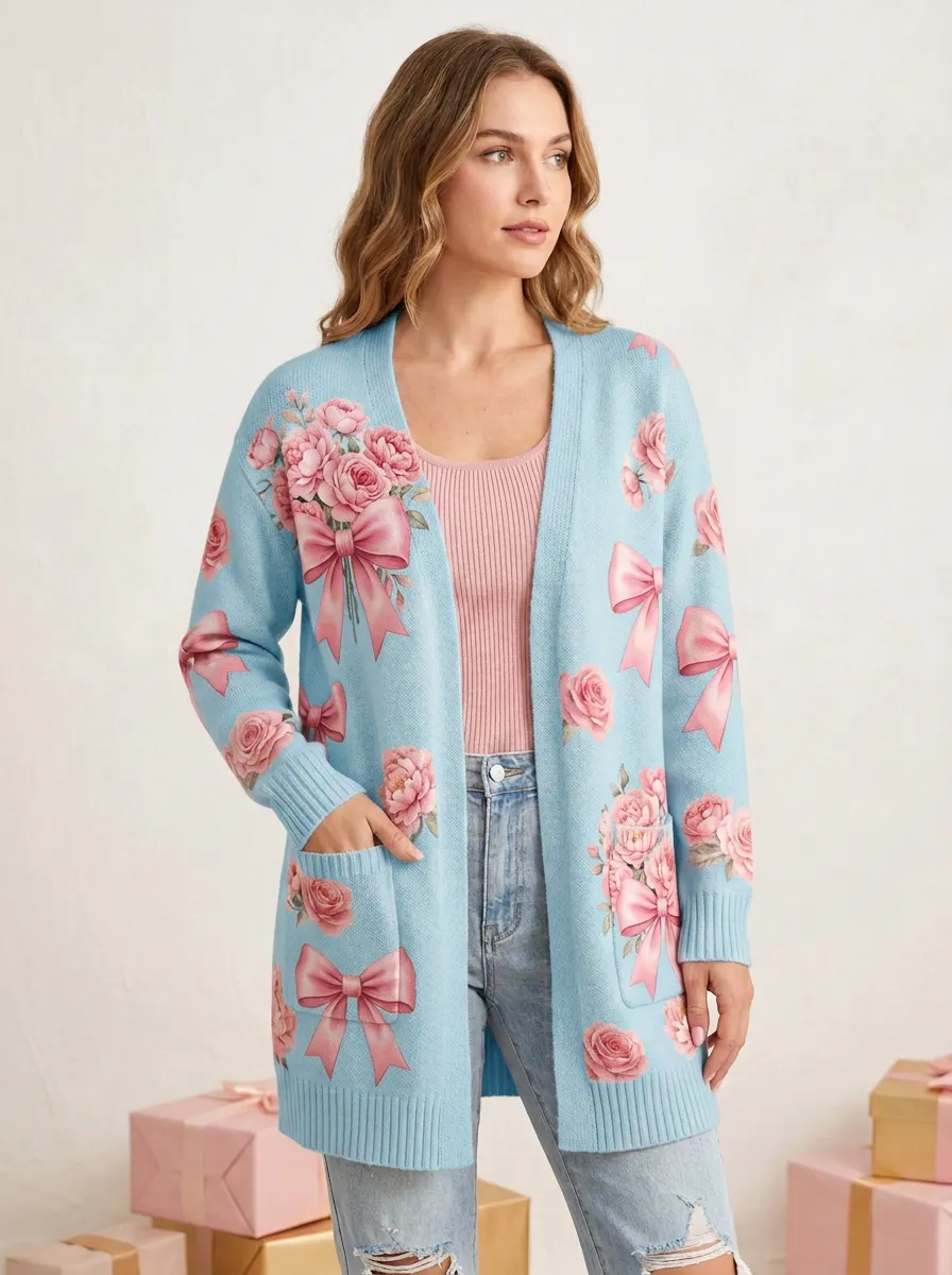 Women's Breast Cancer Awareness Pink Ribbon Rose Printed Cardigan
