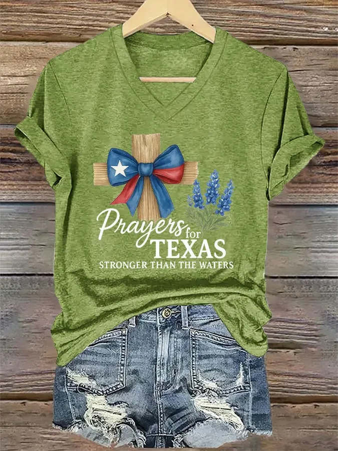 V-Neck Retro Prayers For Texas Print T-Shirt