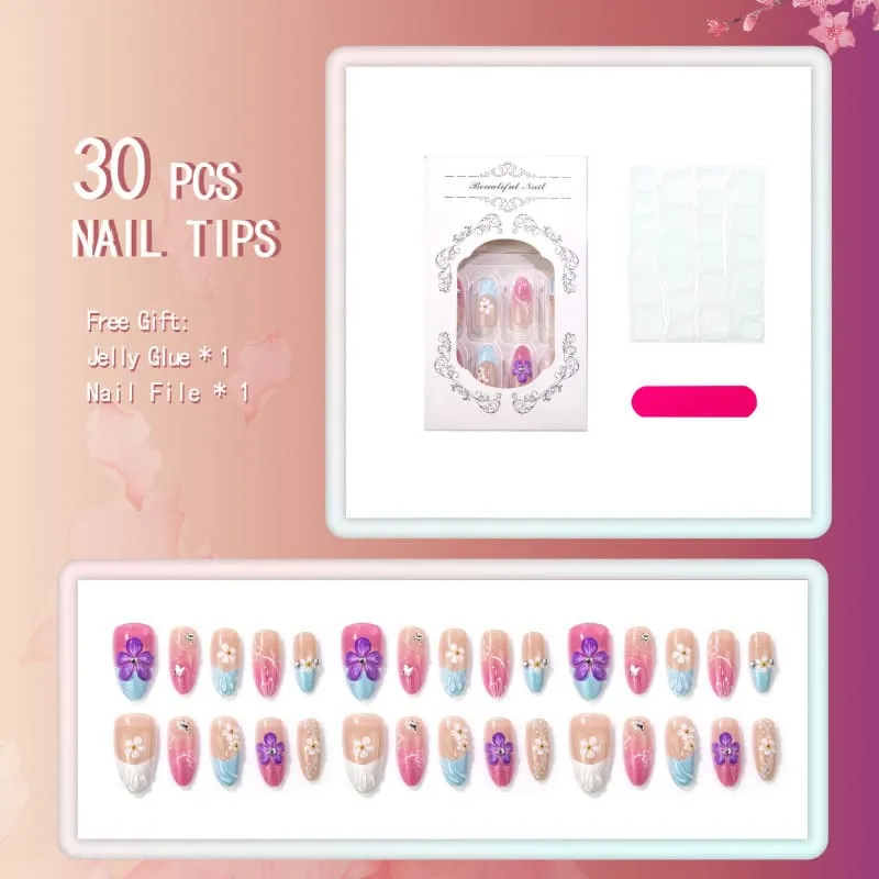 Nailhour 30Pcs Floral Medium 3D Almond French Press On Nails