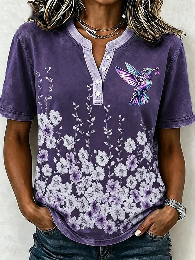 Women'S Casual Purple Floral Printed Button T-Shirt