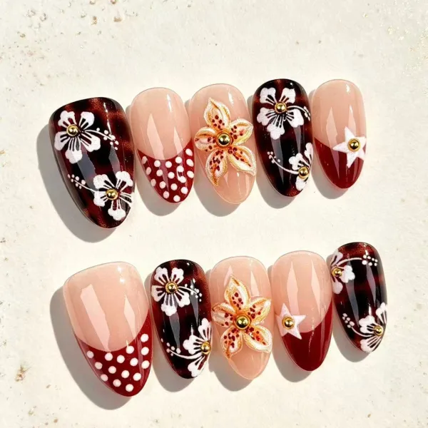 Nailhour 30Pcs Floral 3D Medium Almond French Amber Press On Nails
