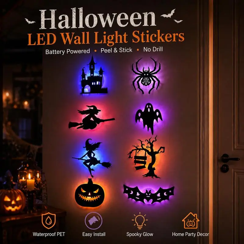 Halloween LED Silhouette Wall Light Stickers- Battery Powered Peel & Stick Spooky Decor
